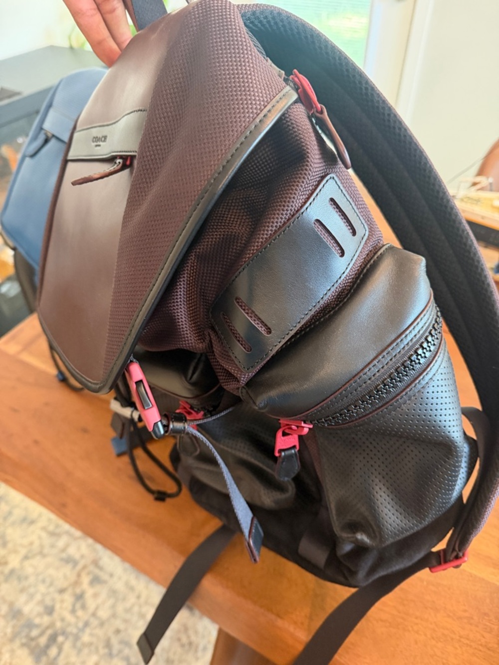 Coach Men's Dark Brown Leather Backpack with Pink Accents - Picture 3 of 4